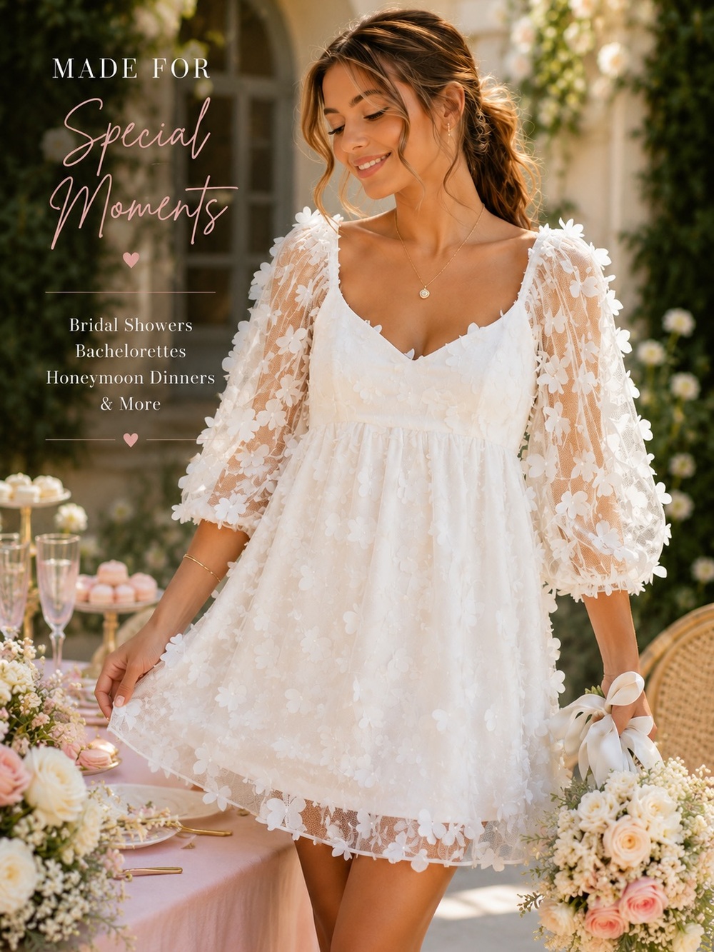 Peach Love California Butterfly Applique White Mini Dress Small Bridal Babydoll